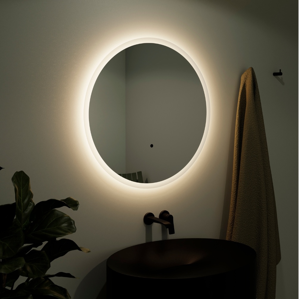 Product Lifestyle Image of the Origins Living Edison Round Backlit LED Mirror EDS-01D060-00 EDS-01D080-00 EDS-01D120-01